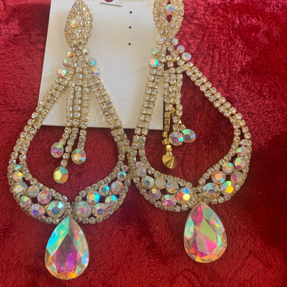 AB and Gold Setting 5 Inch Pageant Earrings
